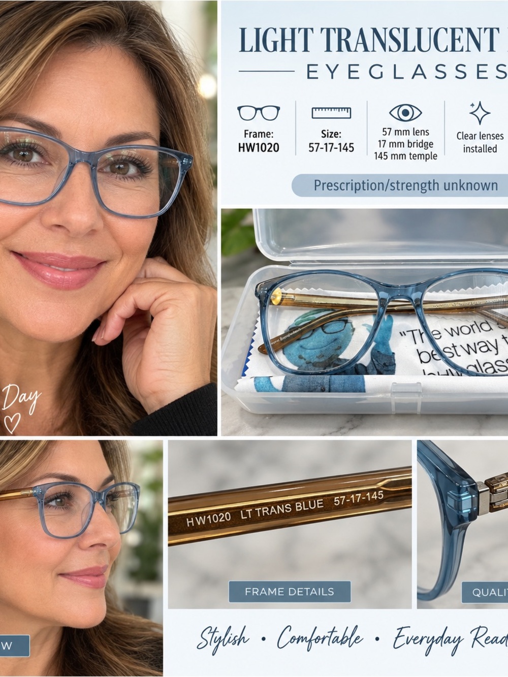 Light Translucent Blue Reading Glasses - Lightweight Everyday Frames